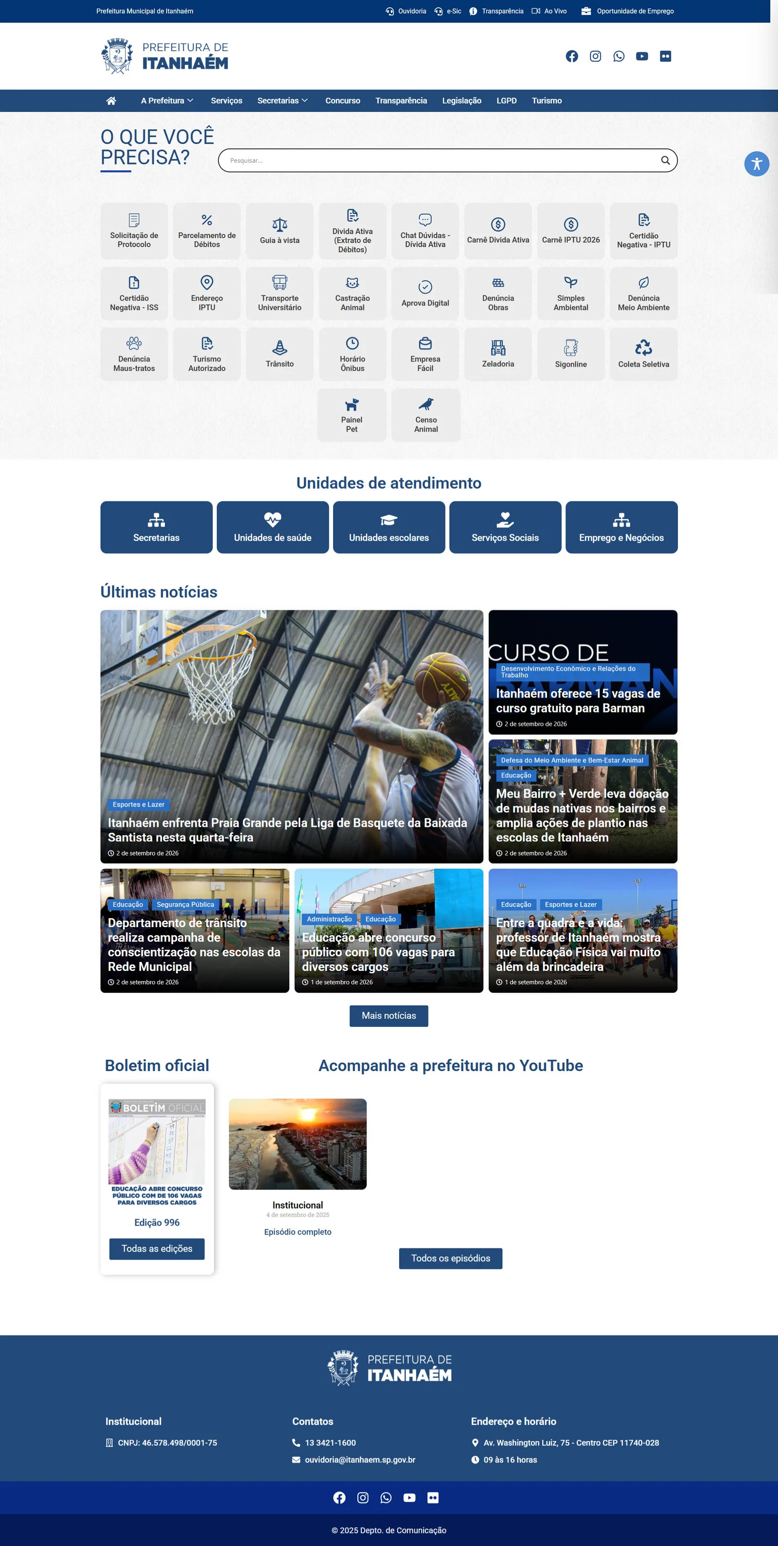 Portal institucional da Prefeitura de Itanhaém, com navegação clara para serviços ao cidadão